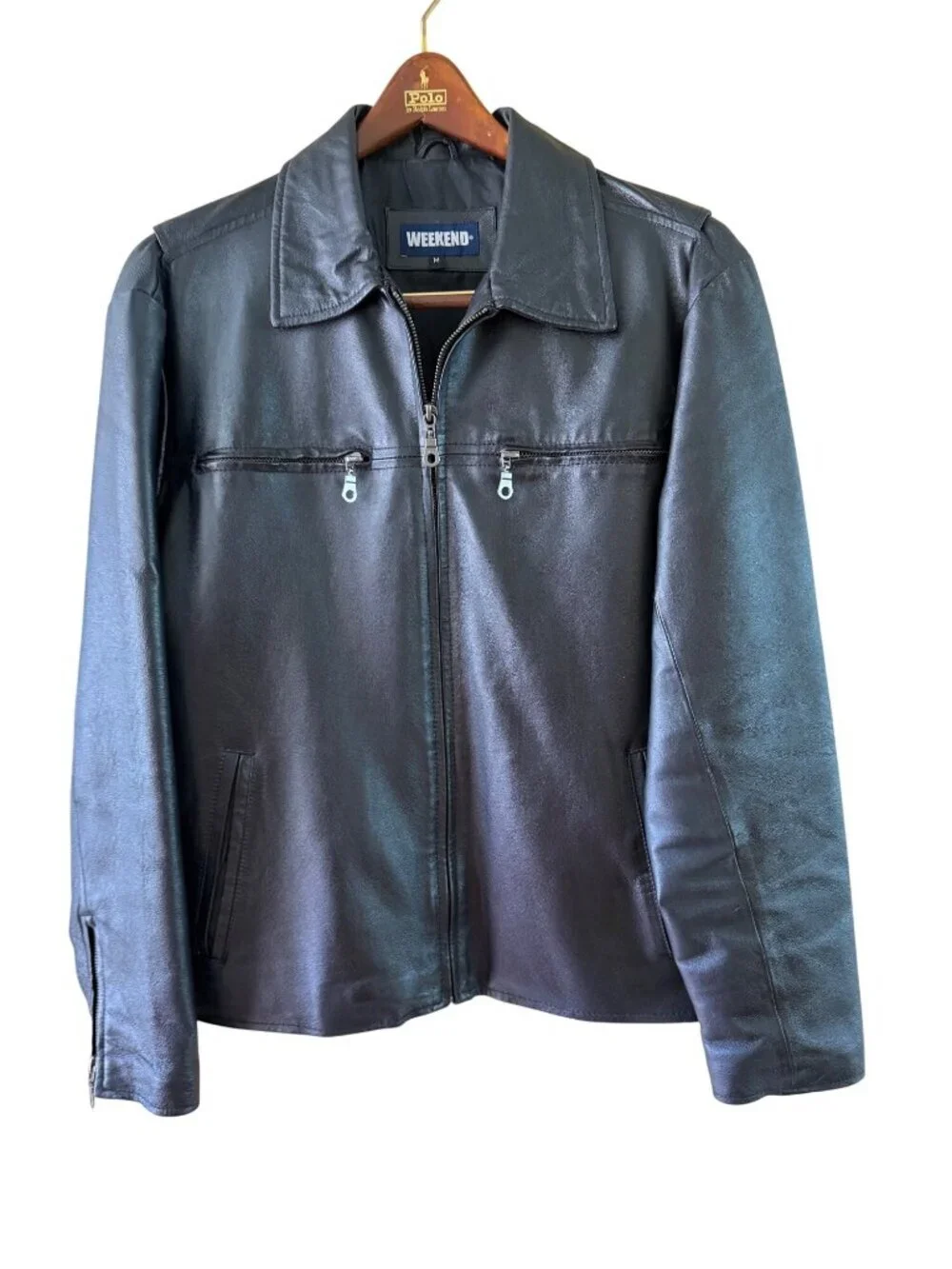Weekend Mens Leather Moto Jacket Size M Black Zipper Front Minimalist Vintage
